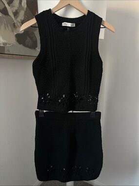 Zara Black Sleeveless Knit Crop Top & Skirt Set